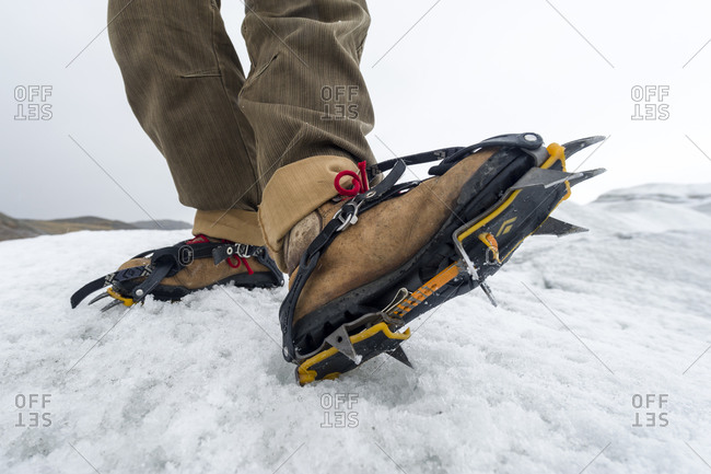 Man fitting crampons to his boots to hike on the Greenland Ice Shelf