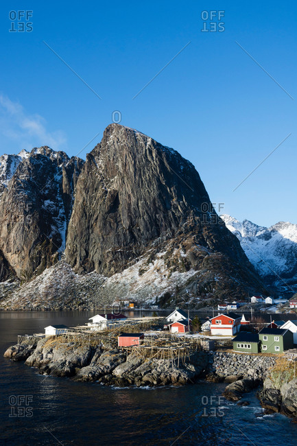 Landscape with waterfront houses and mountains, Hamnoy, Lofoten Islands, Norway