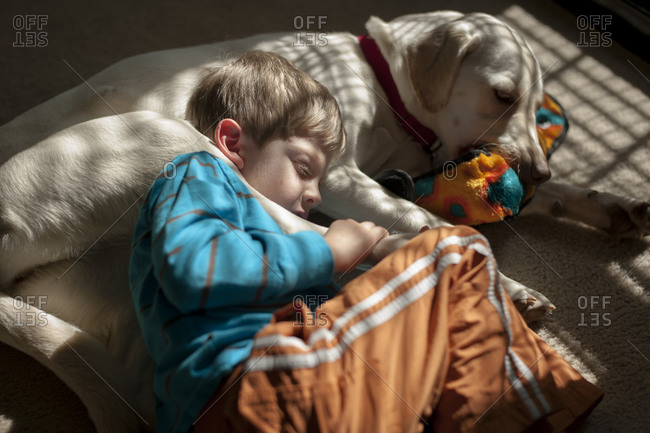 Boy curled up with a dog