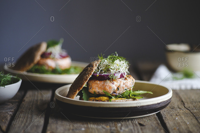 Salmon burgers served for lunch
