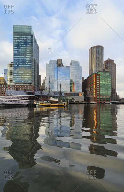 Waterfront of Boston with buildings reflecting in water