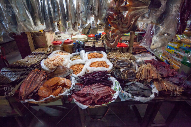 Dried meat and food is sold at a market in Siem Reap, Cambodia