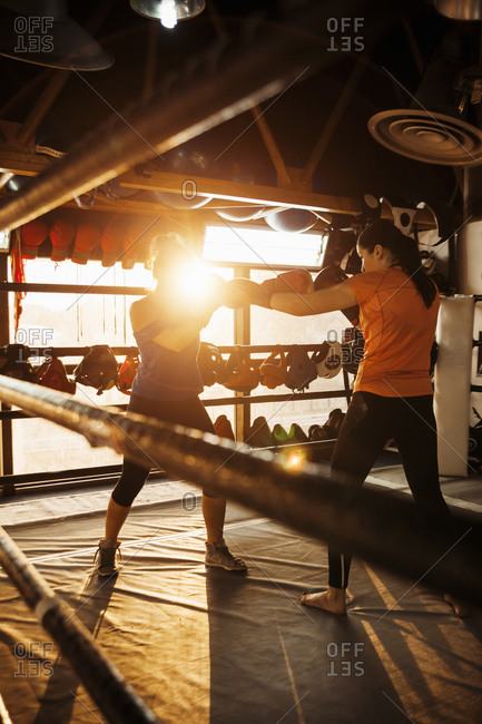 Two female boxers fighting in ring