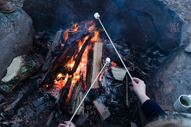 Close-up of people roasting marshmallow over a campfire