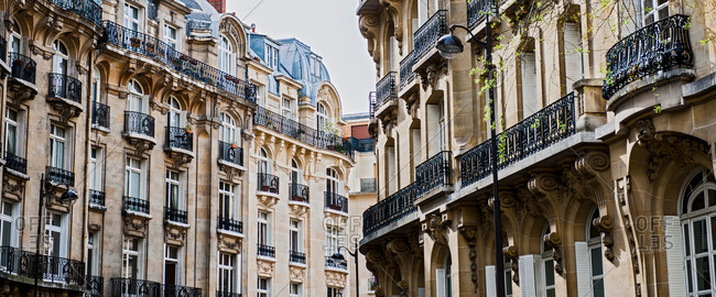 Sides of typical Haussmann buildings, Paris, France