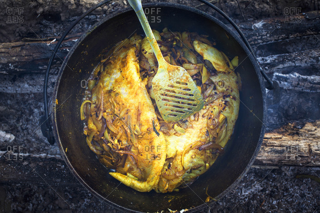 Atchafalaya River, Louisiana, USA. Looking down on catfish cooking in a black cast iron pot over a wood fire.