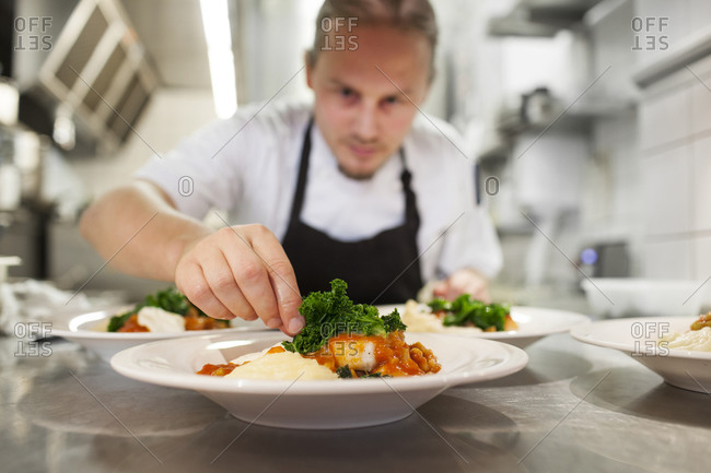 Chef garnishing food served in plate at restaurant