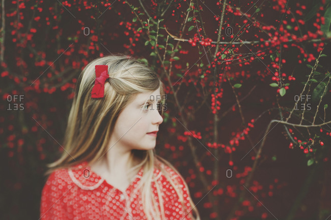 Girl in dress by berry bush