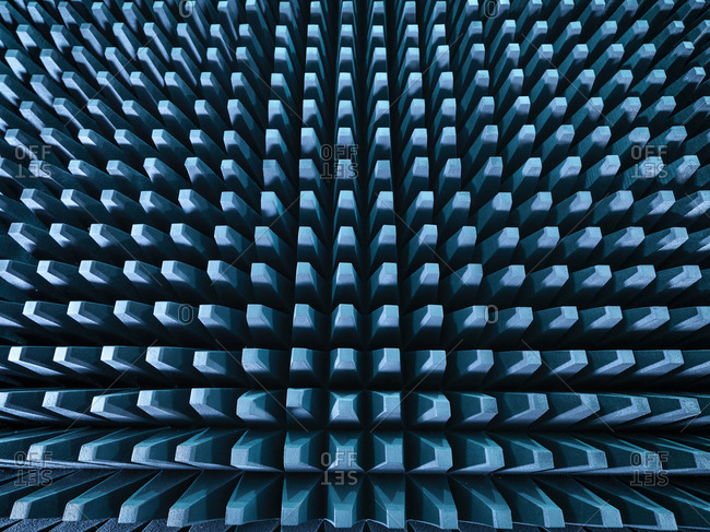 Anechoic chamber with radio frequency absorber material, close up