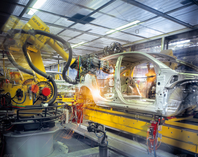 Car body welding robots in car factory