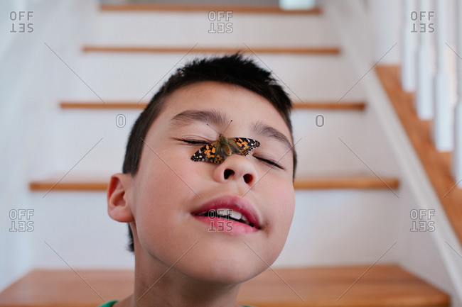 Close-up of a young boy with a butterfly on his face