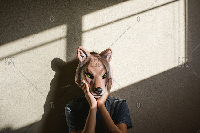 Boy holding a plastic wolf mask to his face