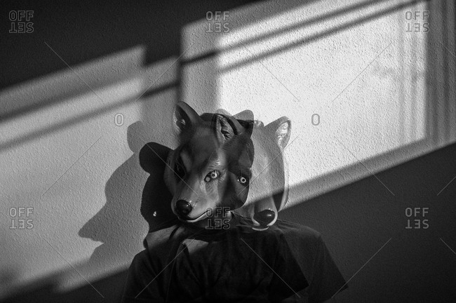 Adolescent boy in a plastic wolf mask