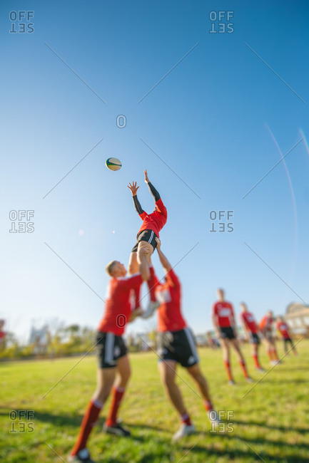Rugby Union players performing a lineout lifting during preparation exercise for the big game