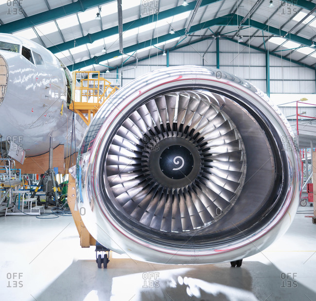 Aircraft engine in aircraft maintenance factory