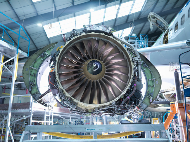 Aircraft jet engine in aircraft maintenance factory