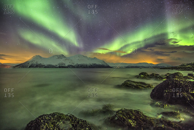 Northern Lights on the icy sea of Svensby Lyngen Alps Tromso Lapland Norway Europe