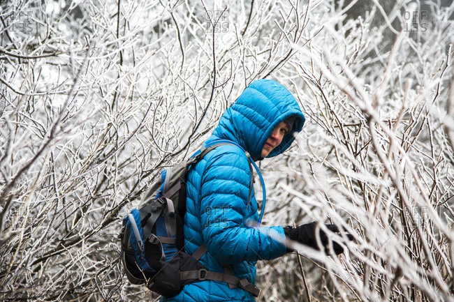 A woman in teal parka and hood looks back over her shoulder amid a forest of frozen branches