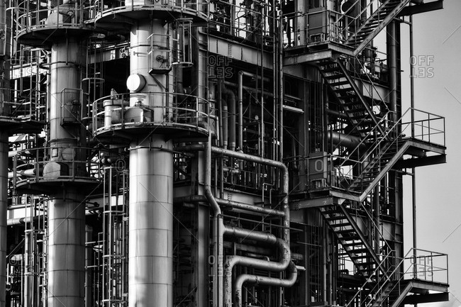 Close-up of a complex system of pipes of an industrial plant in Japan