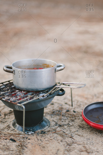 Pot cooking on camp stove