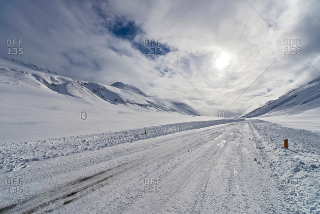 Snow covered road, Oxnadalsheidi, North Iceland