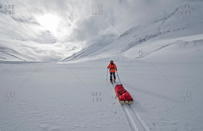 Rear view of female touring skier pulling an expedition sled in snow, Oxnadalsheidi, North Iceland, Iceland