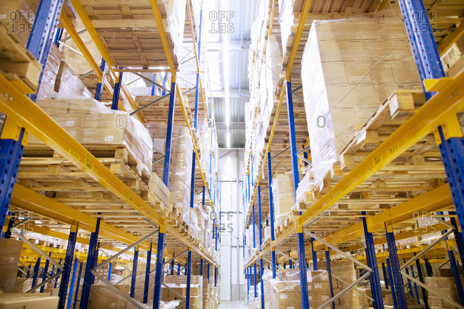 Stacked shelves in distribution warehouse