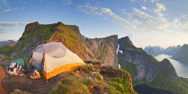 Tent on the top of Reinebringen mountain near the fishing village of Reine on  Moskenes Island