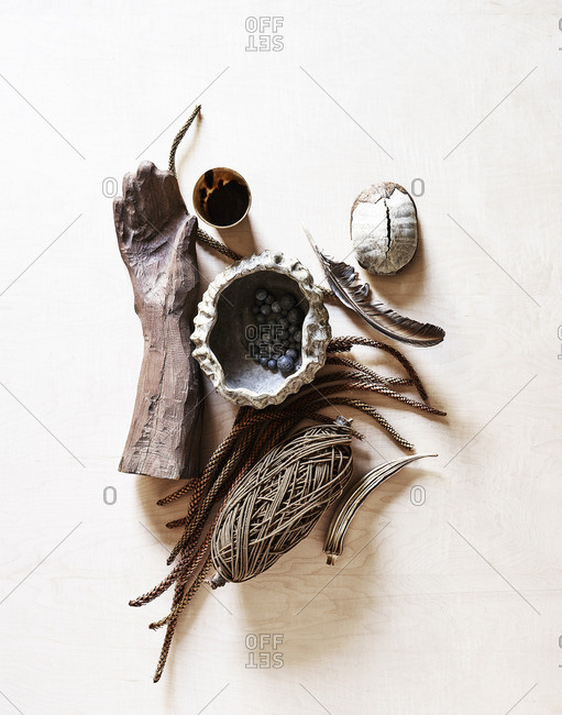 Carved hand and various objects