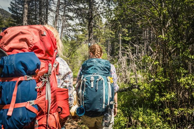 Rear view of teenage girl and young female hiker with backpacks in forest, Red Lodge, Montana, USA