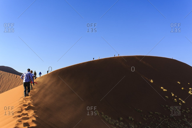 Hikers walking along ridge of a sand dune in Sossusvlei, Namibia