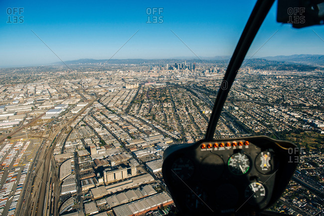 Aerial view of Los Angeles from helicopter cockpit, California, USA