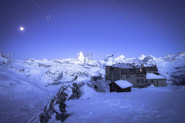 Switzerland, Zermatt, Gornergrat, Hotel, blue hour