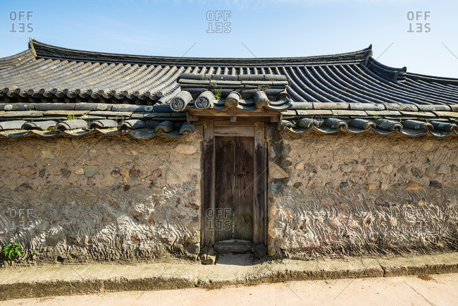 Facade of a building in the hanok village of Gyeongju Gyochon in South Korea
