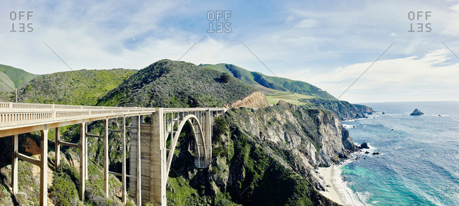 View of coast and Bexby bridge on highway 1, Big Sur, California, USA