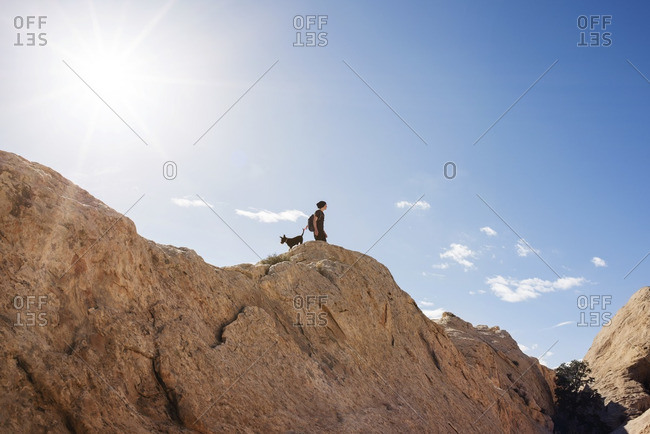 Low angle view of man with dog standing on mountain against blue sky