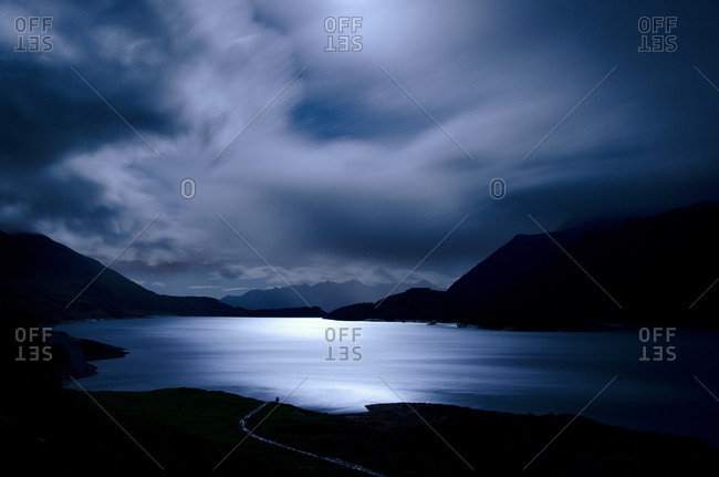 Moonlight on Mont Cenis lake in the Haute-Maurienne valley in Savoie, France