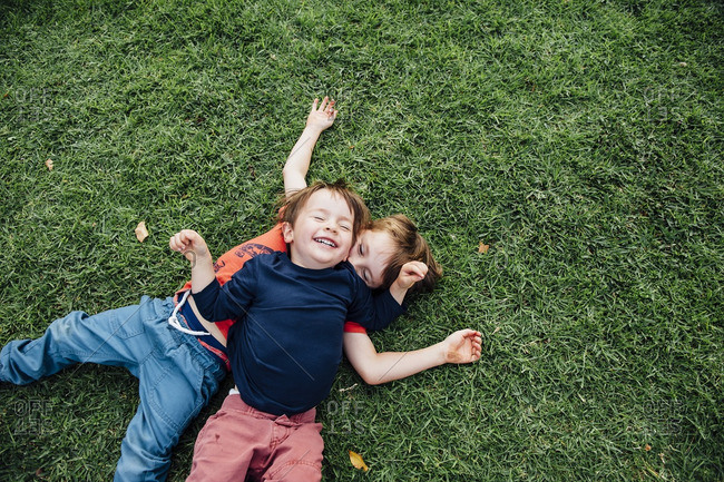Two brothers playing together on a grassy lawn