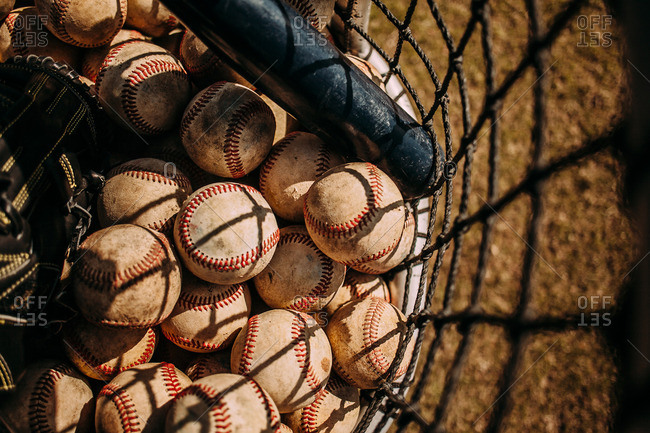 Overhead view of basket of baseballs