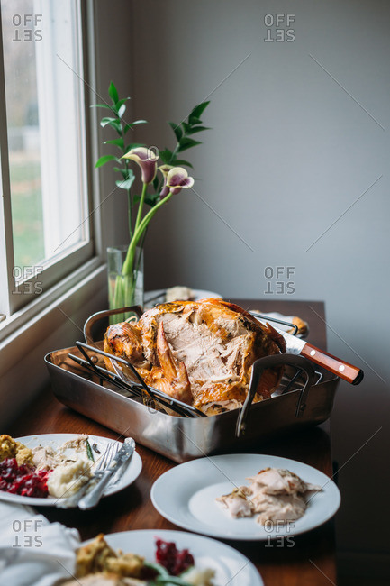Thanksgiving meal on sideboard