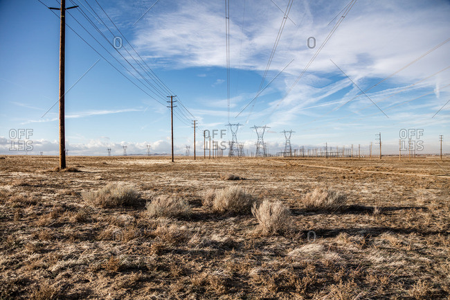 Power lines spread out over the Mojave Desert outside Lancaster, California