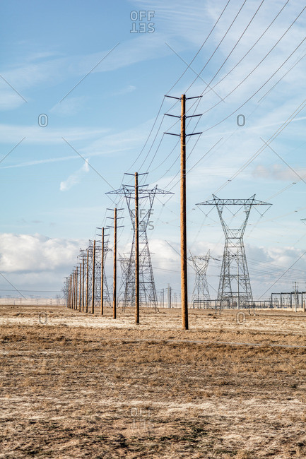 Power lines spread out over the Mojave Desert near Lancaster, California