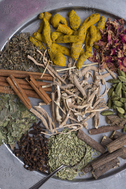 Medicinal Auryvedic herbs on a tray