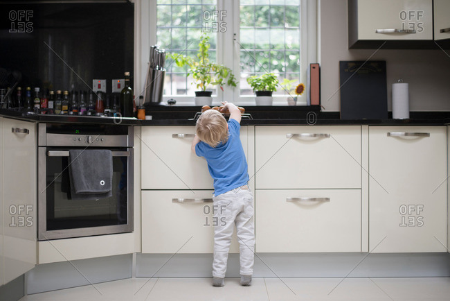 Young boy in kitchen, reaching up for freshly baked muffins, rear view