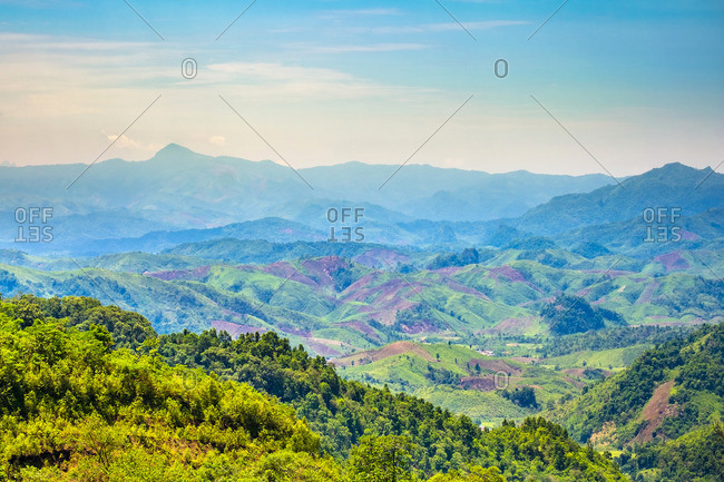 Rolling hills and mountains, lush rural landscape, Vientiane Province, Laos, Indochina, Southeast Asia, Asia