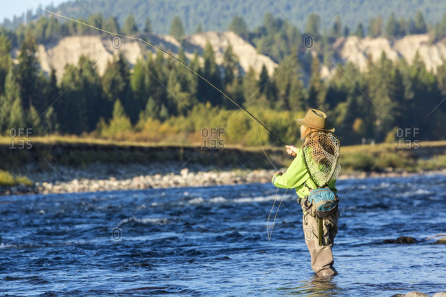 Woman in waders fly fishing in river