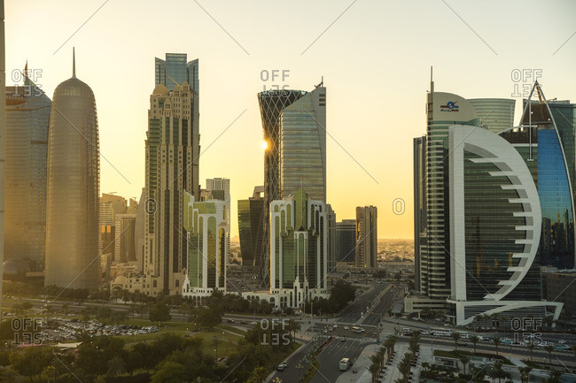 Doha skyline at sunrise, Qatar
