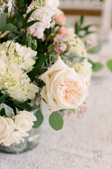 Close up of a floral arrangement at a wedding reception