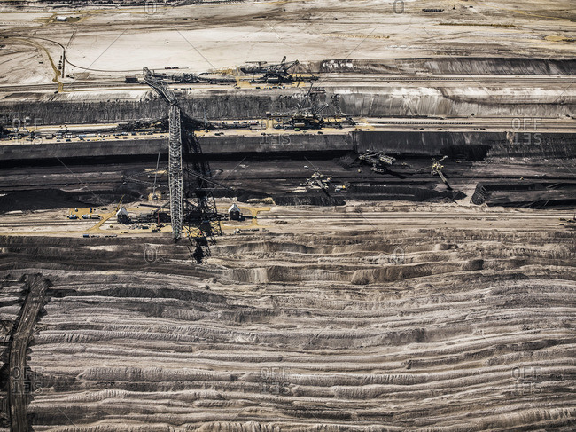 Aerial view of strip coal mining field