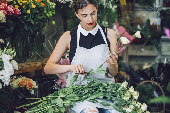 Female florist cutting stems of roses in flower shop